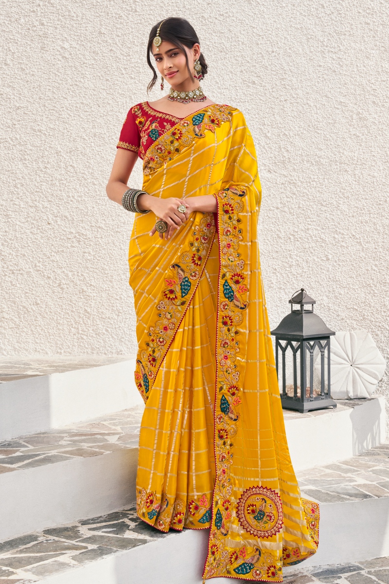 Red & Yellow Color Pure Silk Emboridery Party Wear Saree