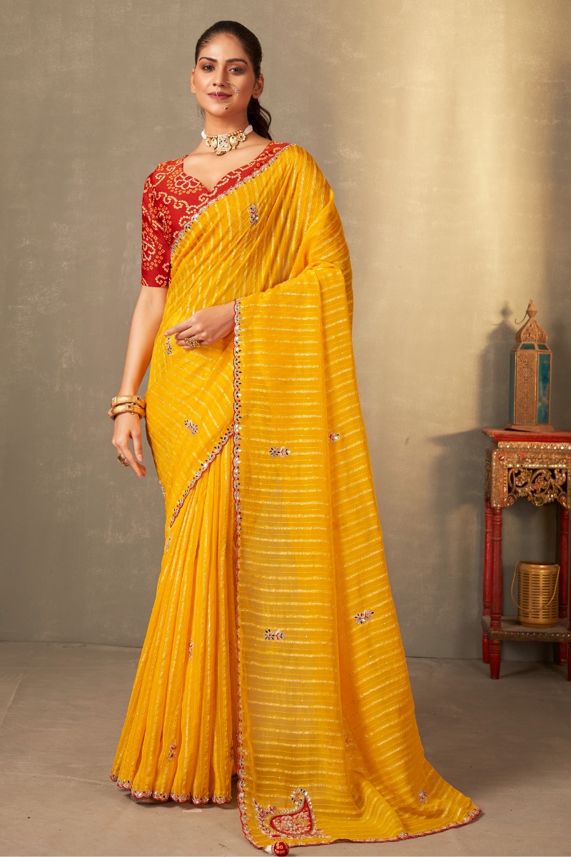 Yellow & Red Color Pure Silk Embroidery Partywear Saree