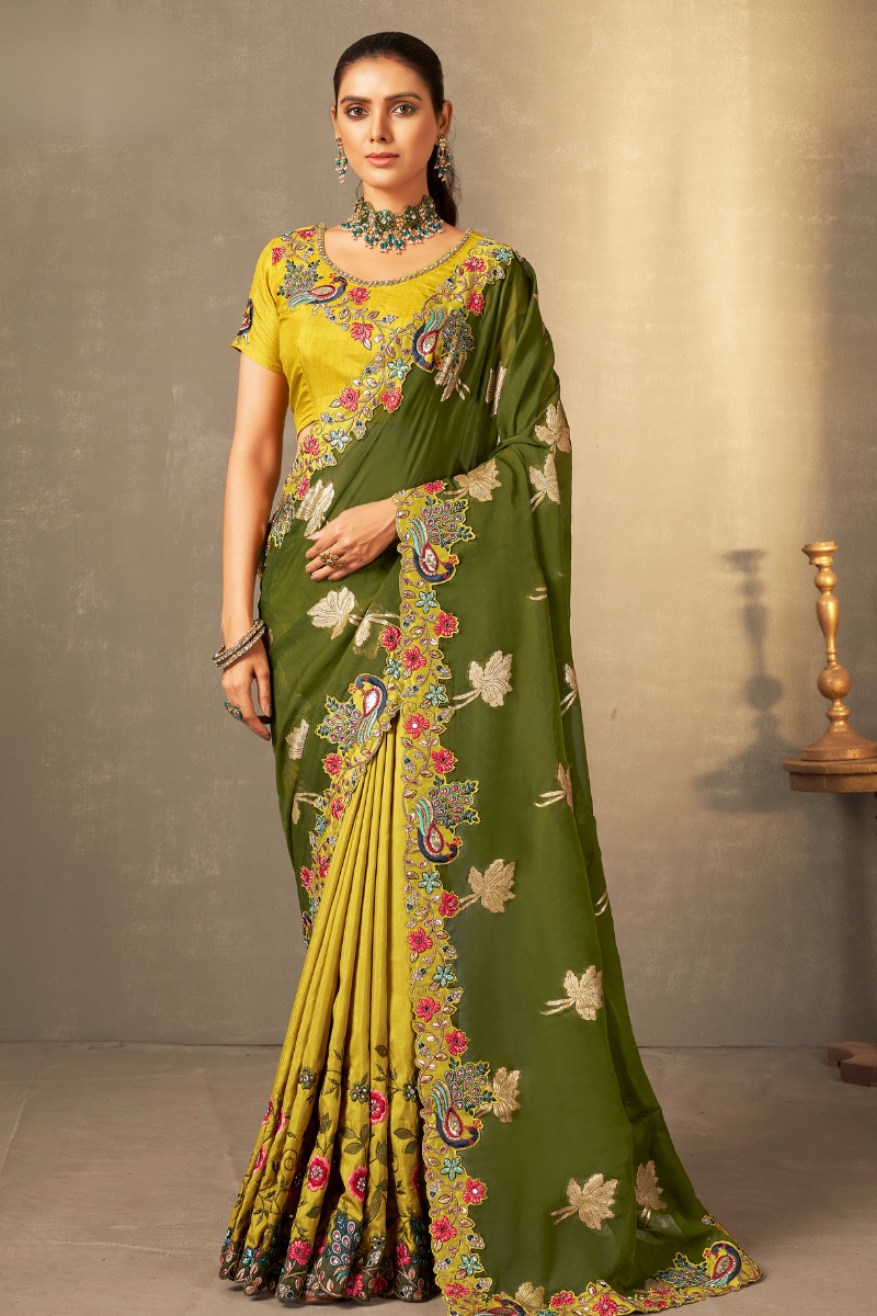 Yellow & Green Color Pure Silk Embroidery Partywear Saree