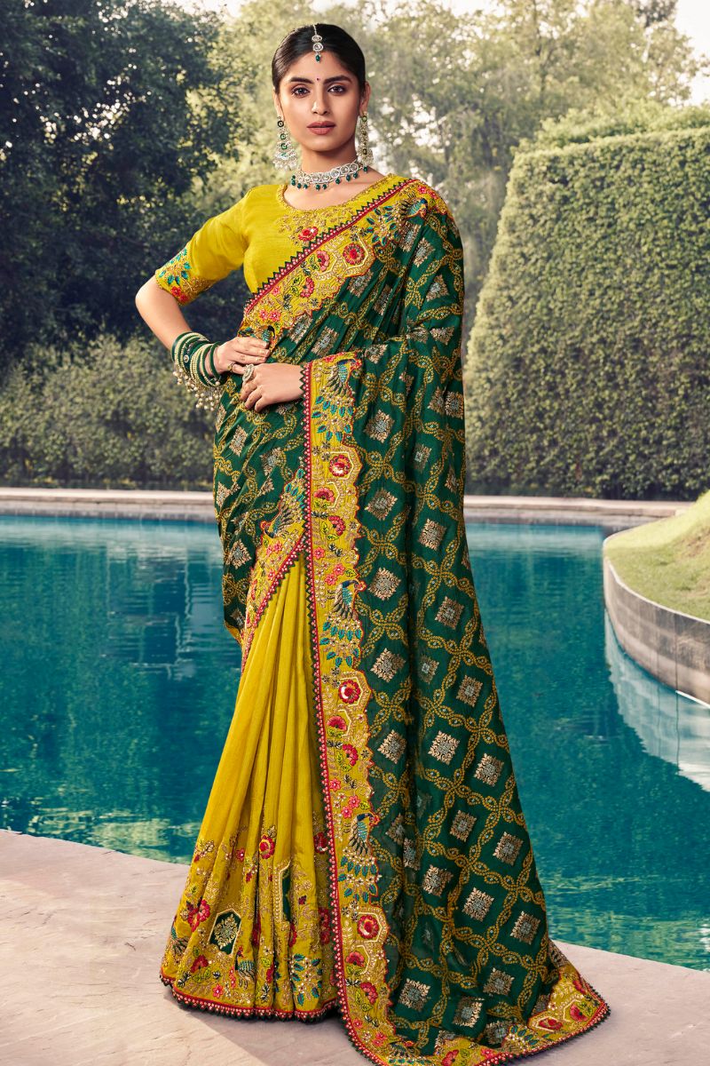 Yellow & Green Color Silk Heavy Work Saree