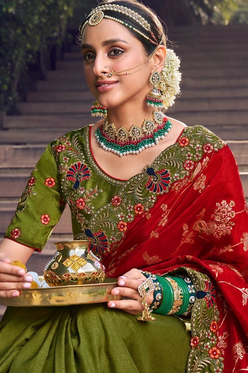 Red Green Color Pure Silk Heavy Work Saree - Main Image