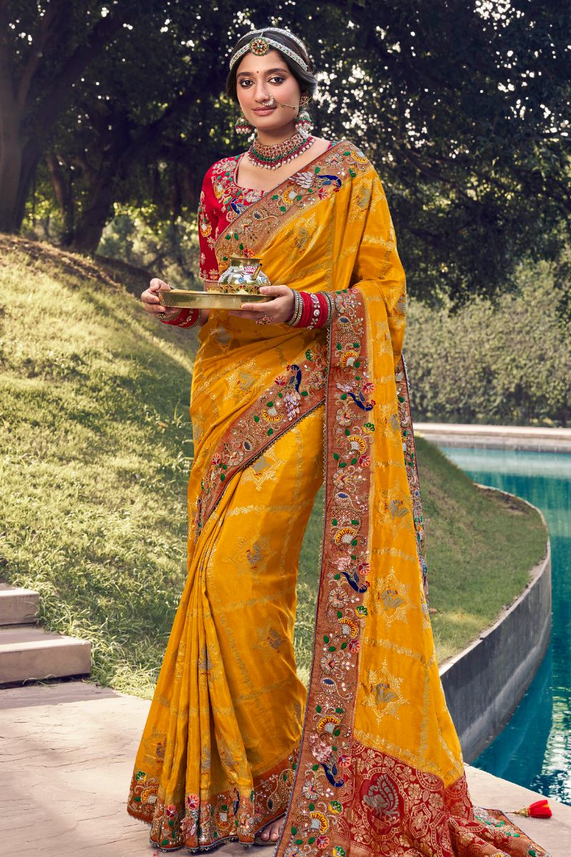 Yellow & Red Color Pure Silk Heavy Work Saree