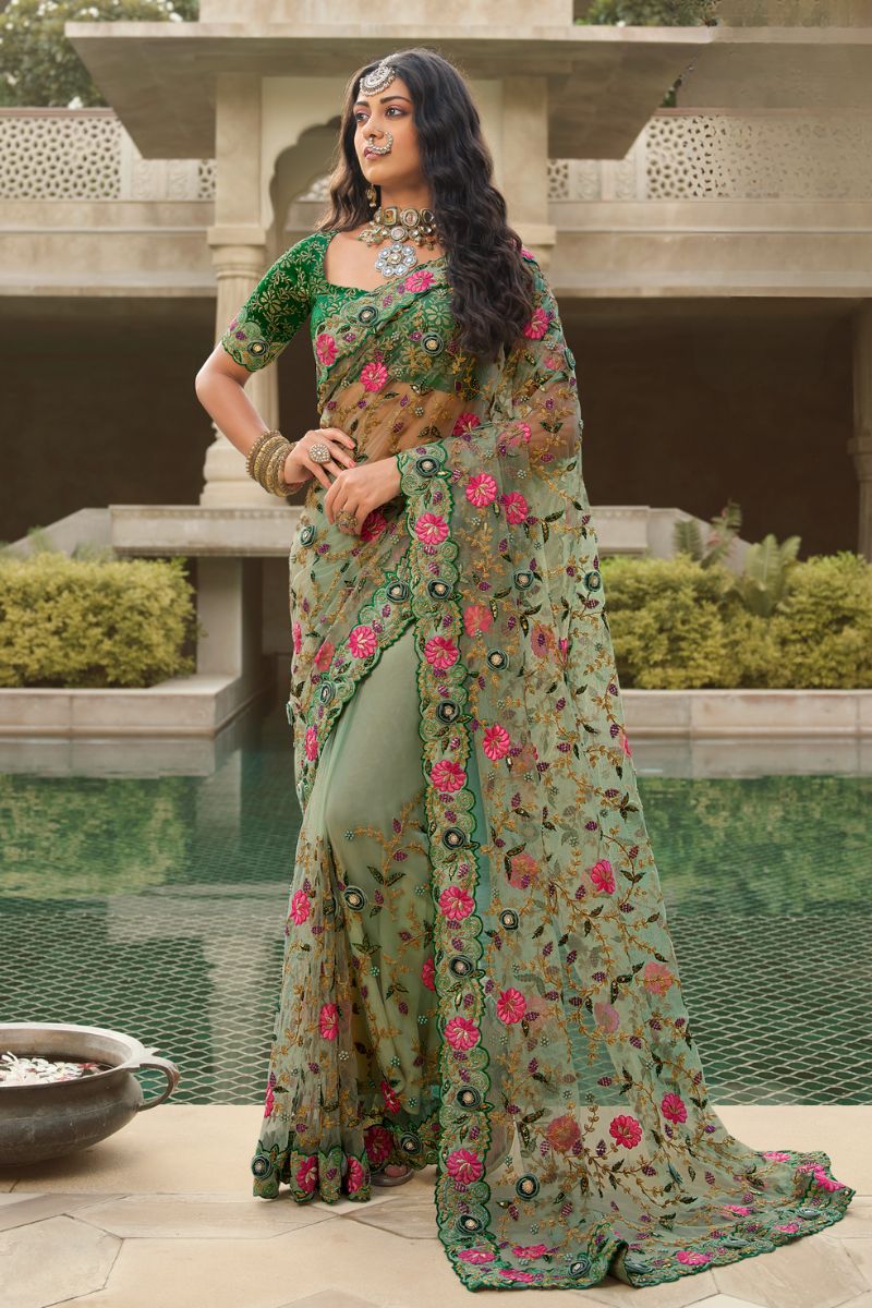 Green Net Embroidery Heavy Partywear Saree