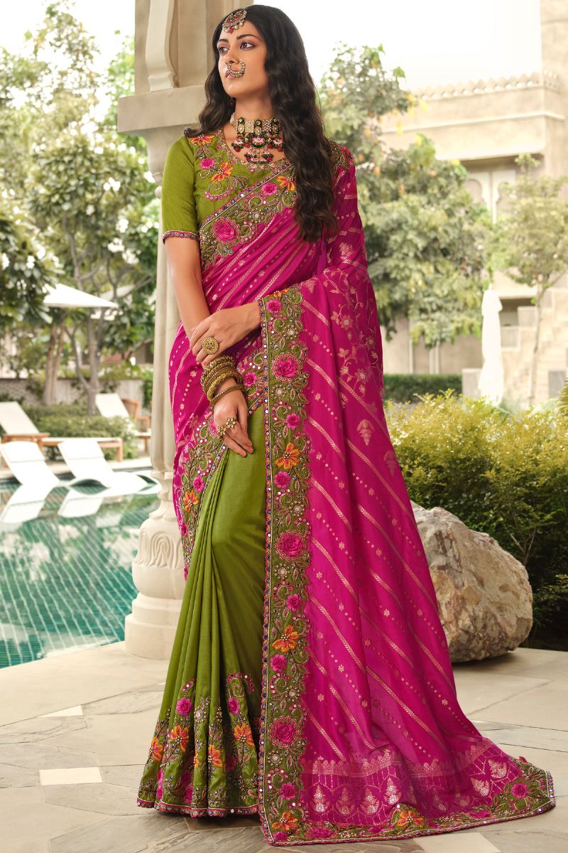 Pink & Green Silk Embroidery Heavy Partywear Saree