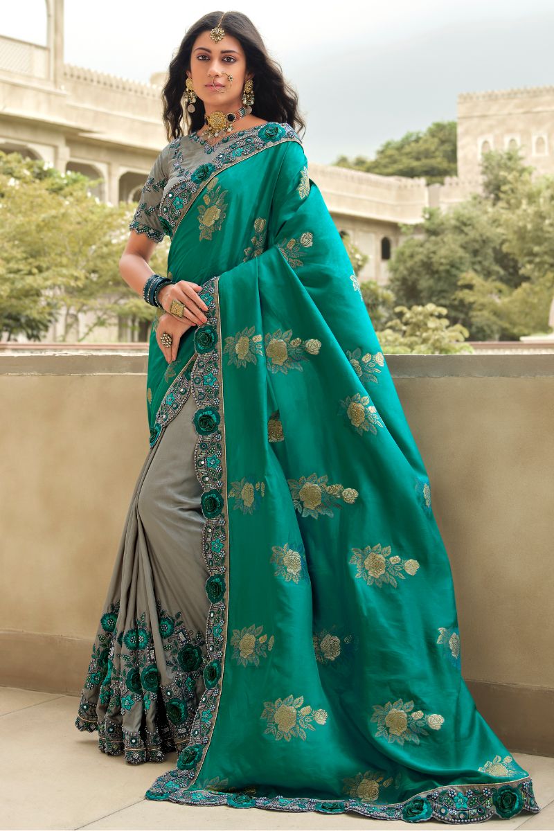 Grey & Green Silk Embroidery Heavy Partywear Saree