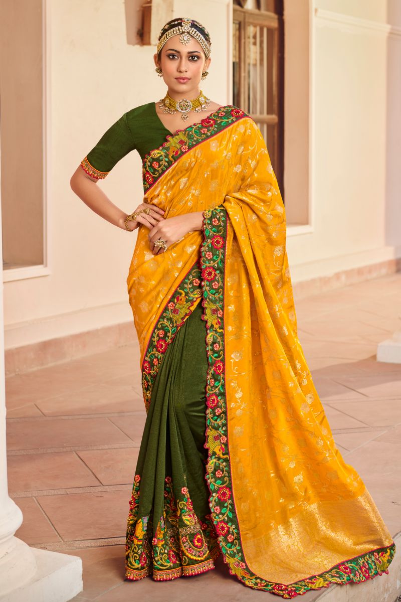 Yellow & Green Silk Embroidery Heavy Partywear Saree