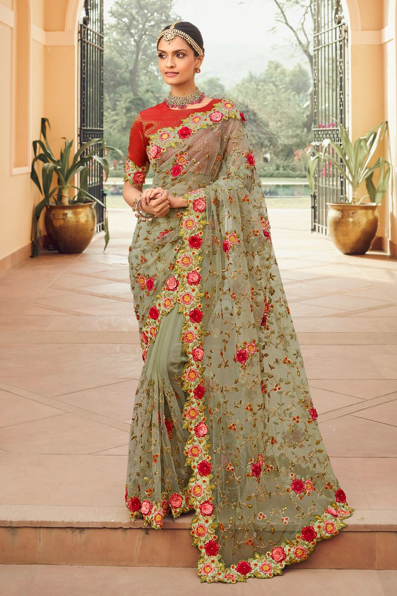 Red Net Embroidery Heavy Partywear Saree