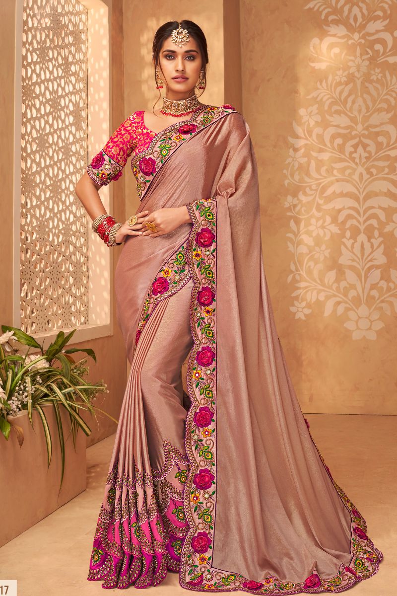 Pink Color Silk Embroidery Partywear Heavy Saree