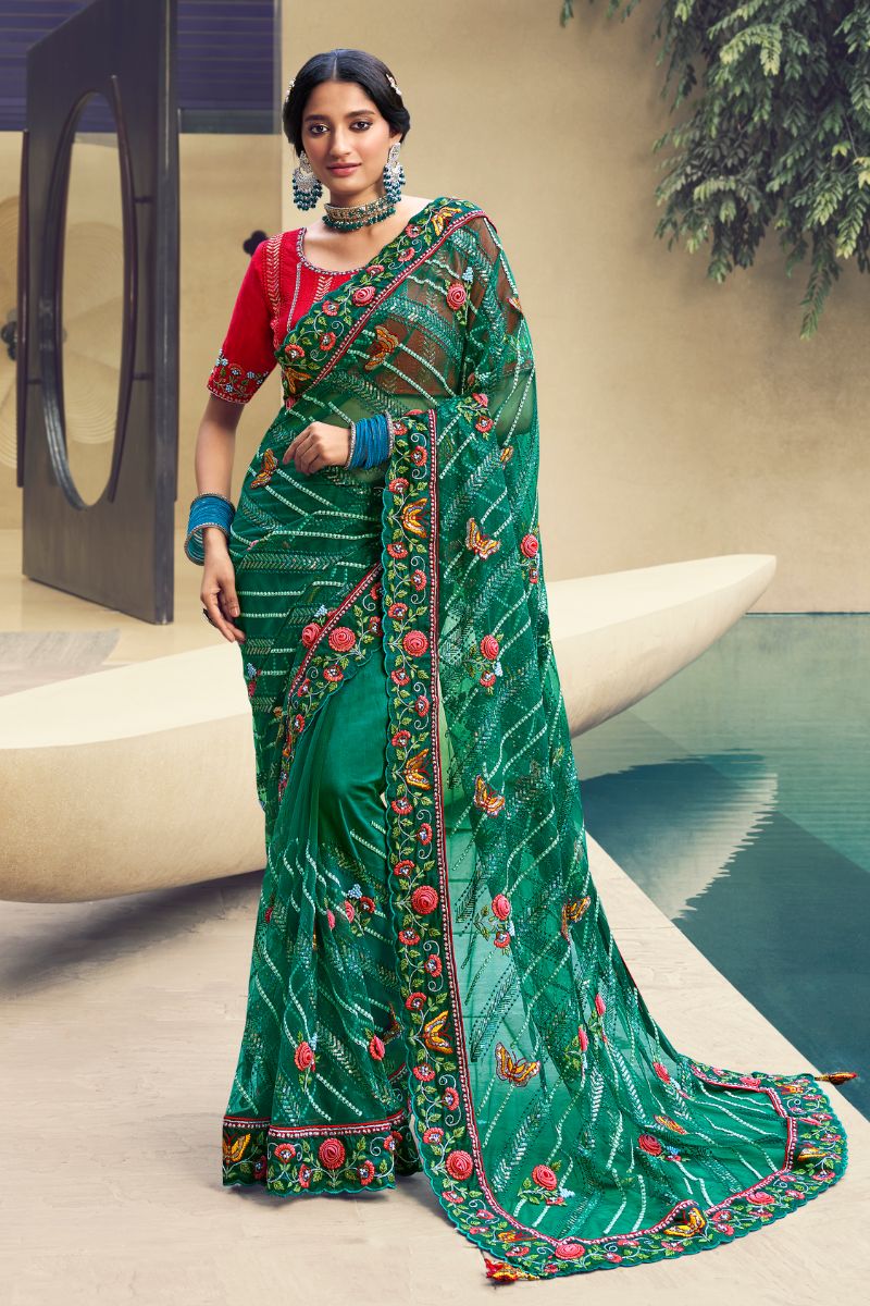 Red & Green Color Net Embroidery Partywear Heavy Saree