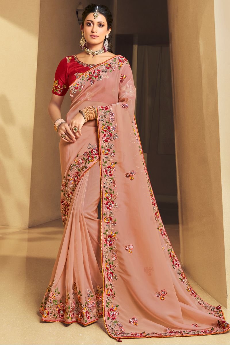 Red & Peach Color Organza Silk Embroidery Partywear Heavy Saree