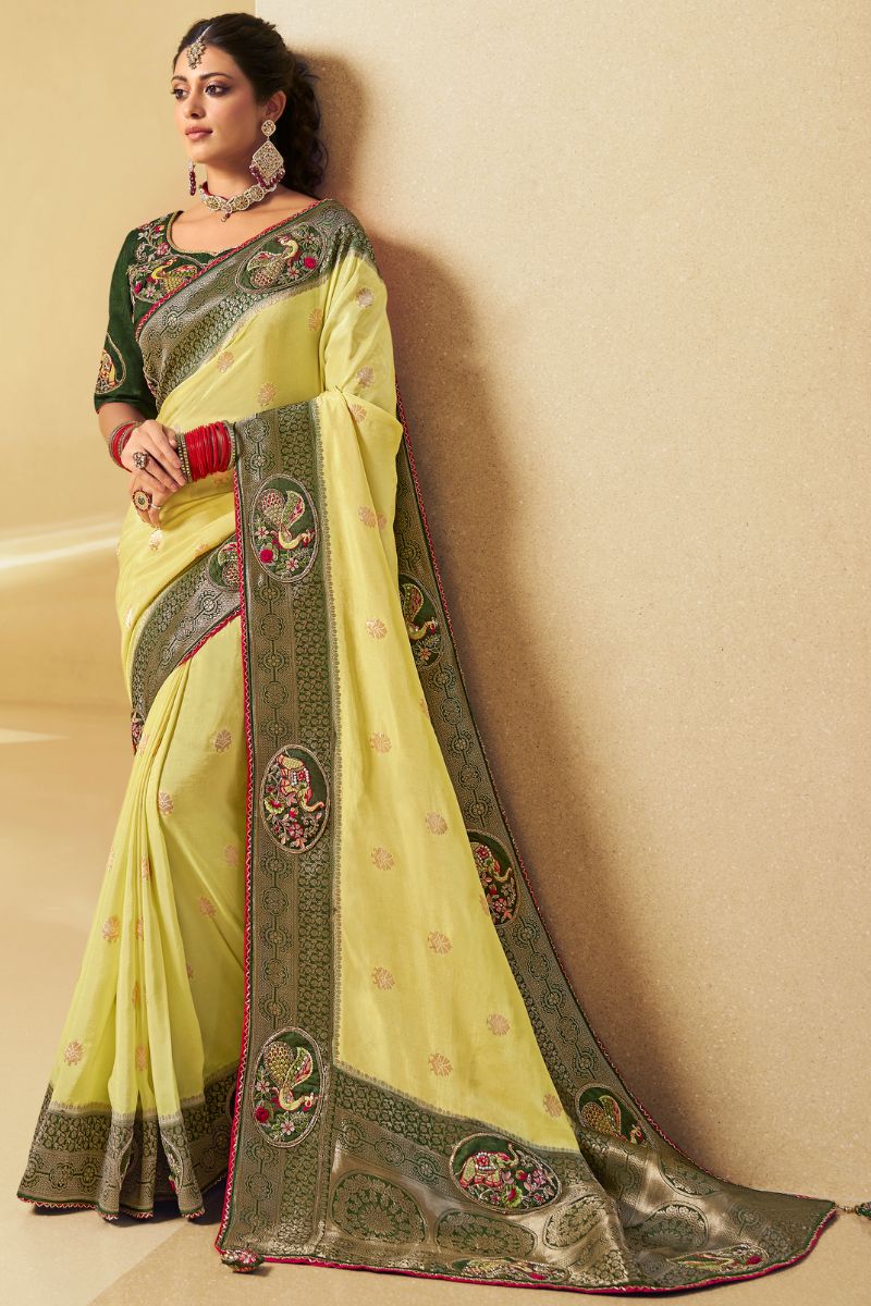 Yellow & Green Color Pure Silk Embroidery Partywear Heavy Saree