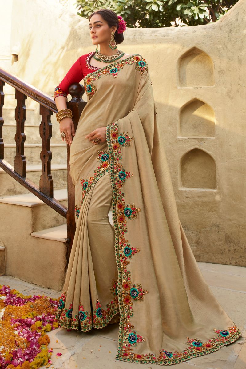 Red & Chiku Color silk Embroidery Partywear Heavy Saree