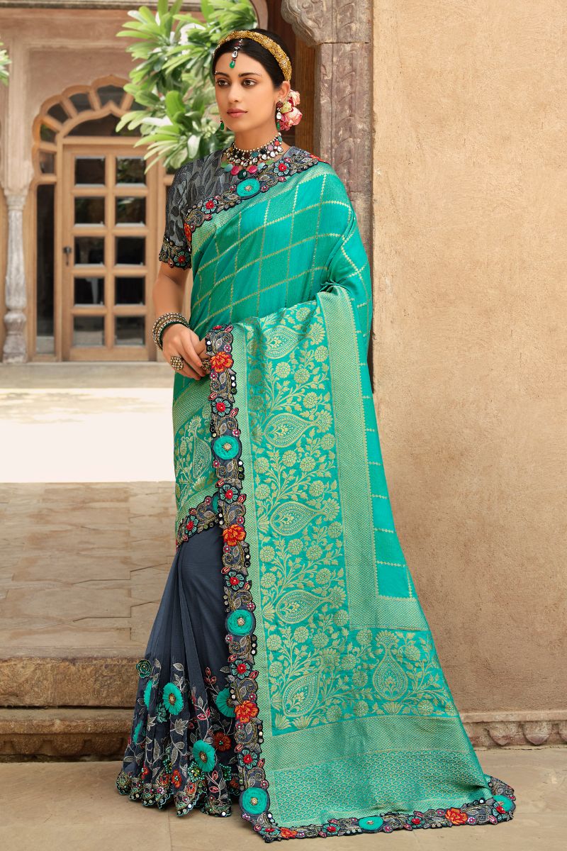 Turquoise Color Net and Silk Embroidery Partywear Heavy Saree
