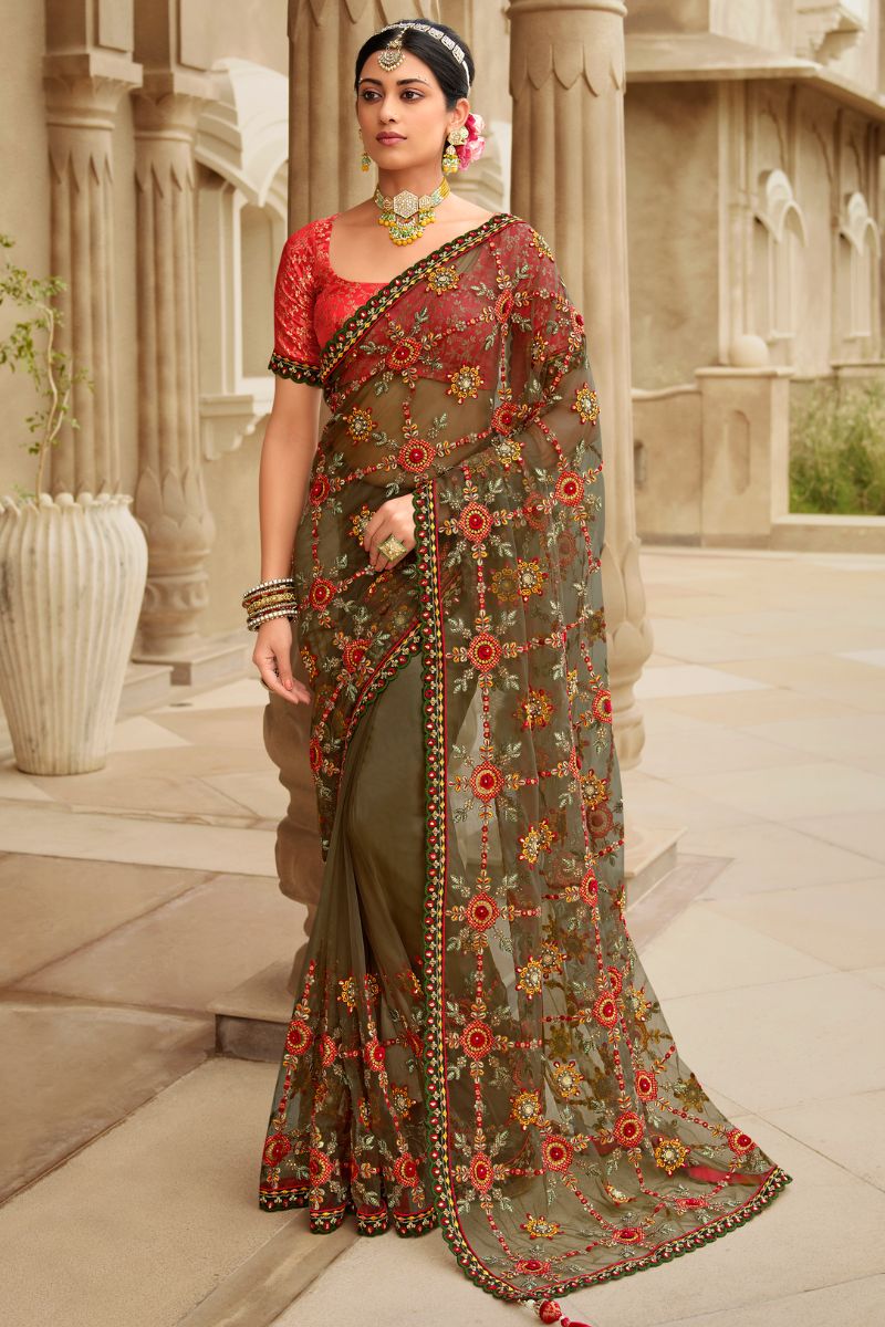 Olive & Pink Color Net Embroidery Partywear Heavy Saree
