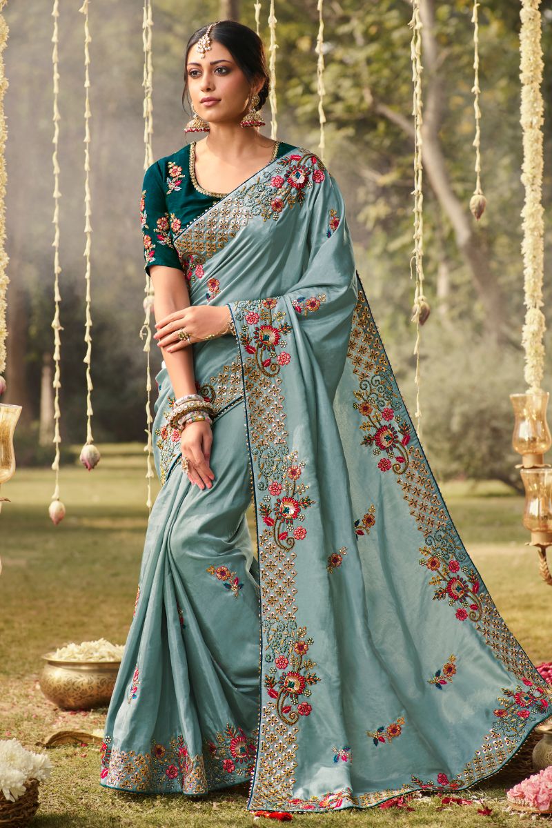 Ice Blue Color Silk Embroidery Partywear Heavy Saree