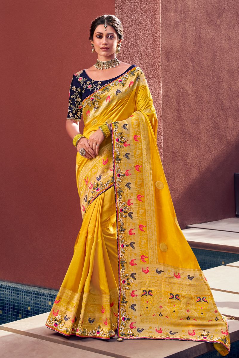 Blue & Yellow Color Pure Silk Embroidery Partywear Heavy Saree