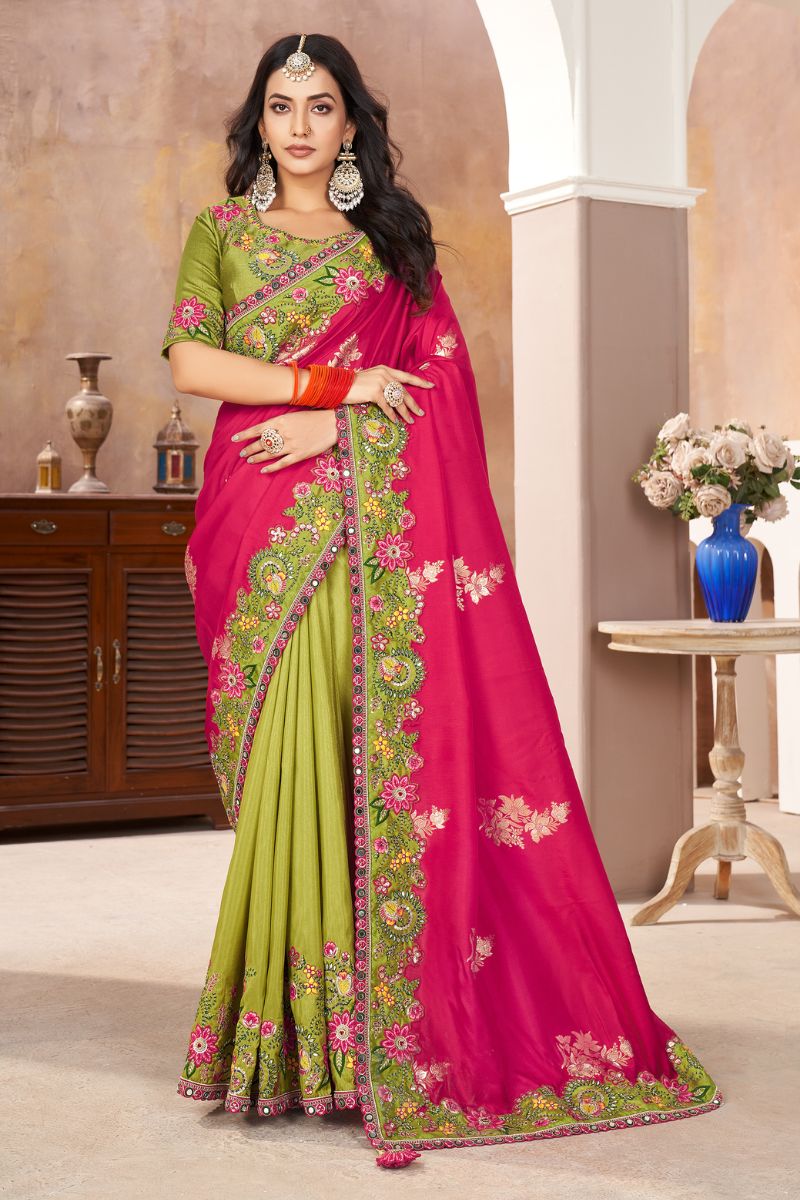 Green & Pink Pure Silk Heavy Embroidery Partywear Saree