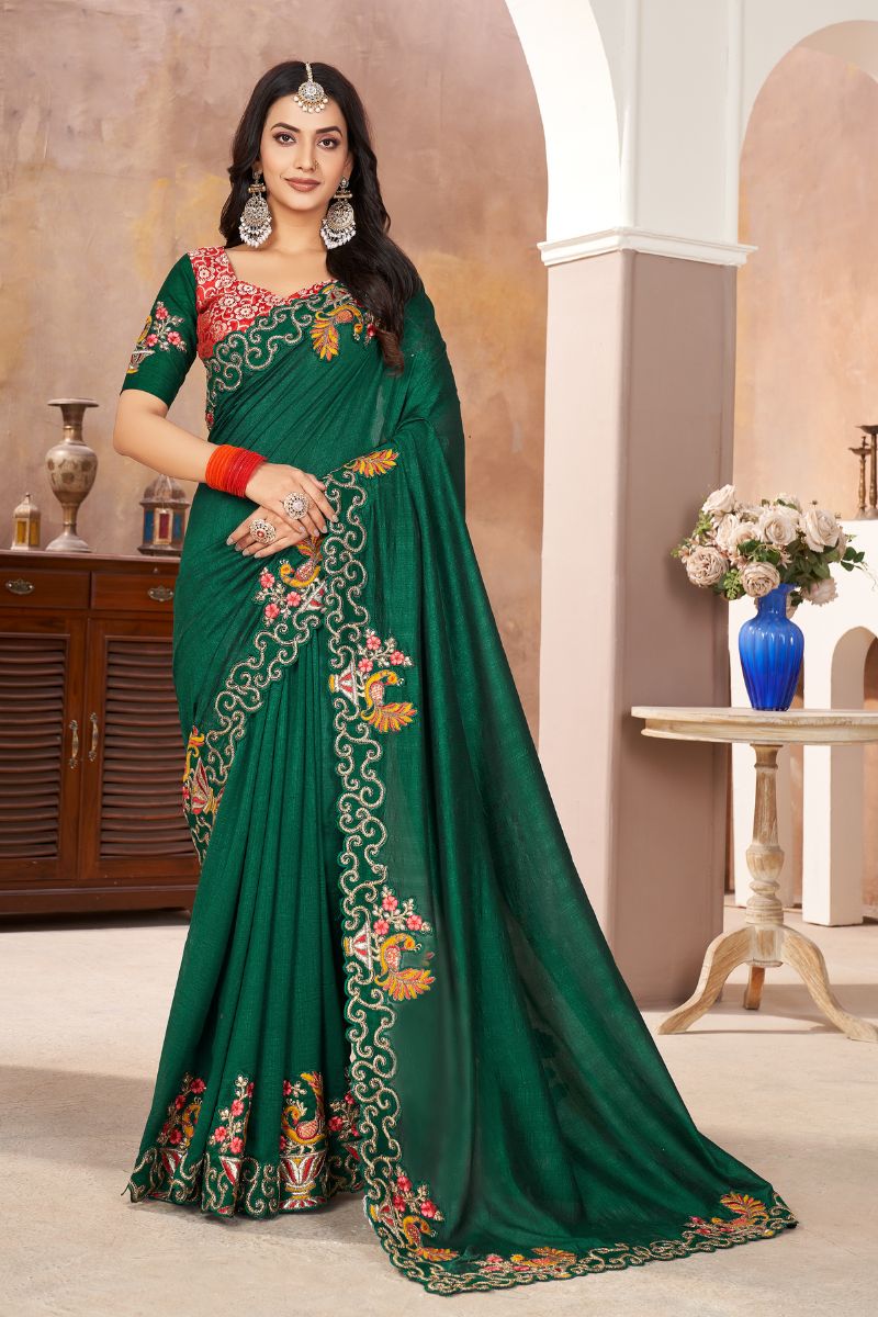 Green Silk Heavy Embroidery Partywear Saree