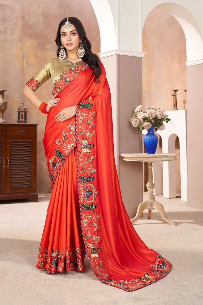 Orange Barfi Satin Heavy Embroidery Partywear Saree
