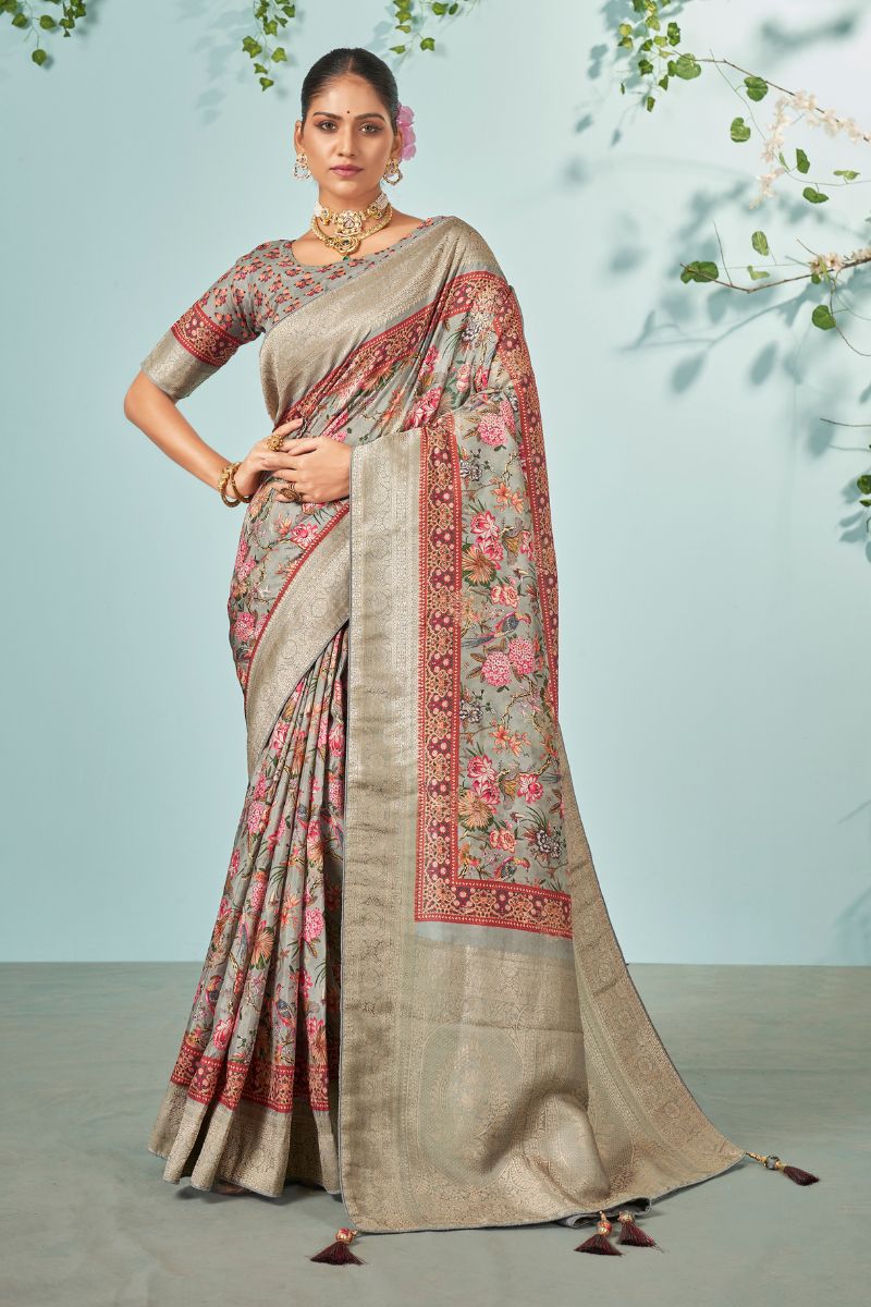 Grey Dola Silk Flower Print Partywear Heavy Saree