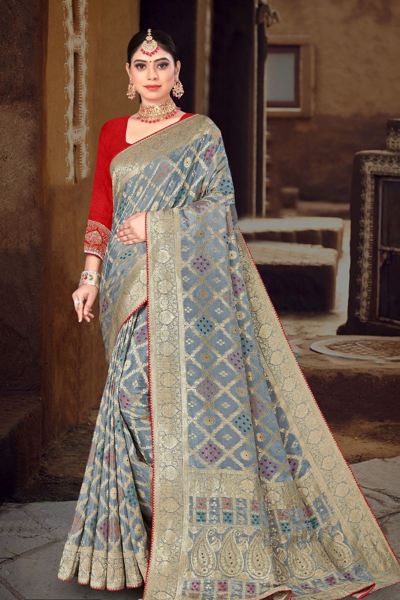Red & Grey Chinnon Pure Partywear Saree