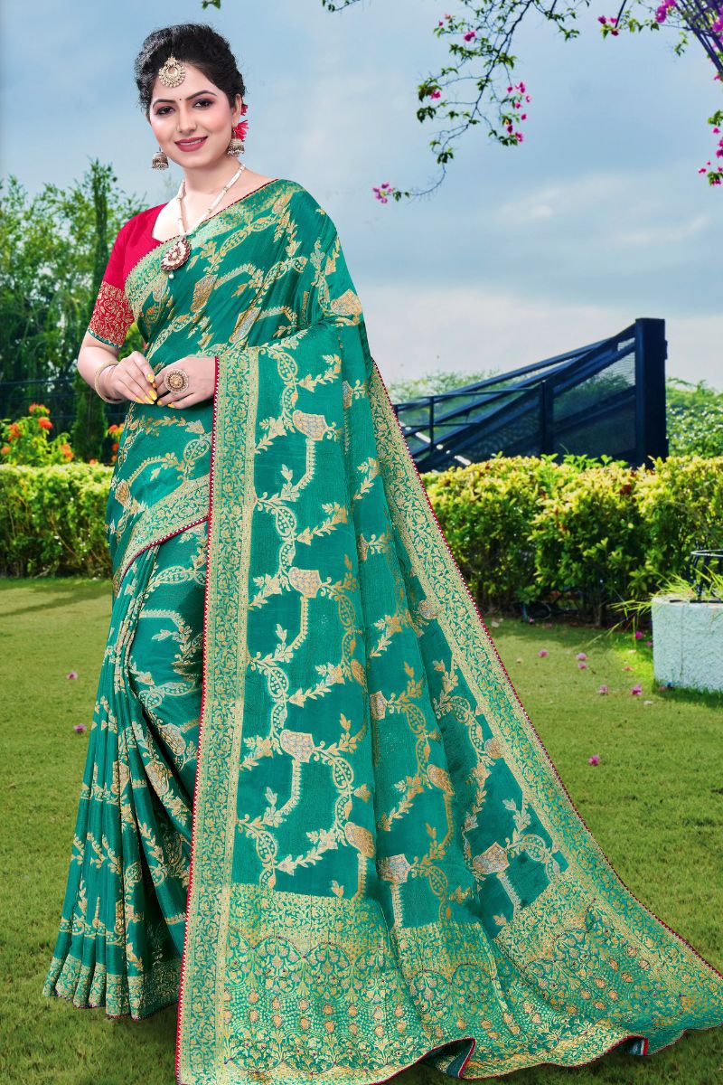 Red & Green Chinnon Pure Partywear Saree