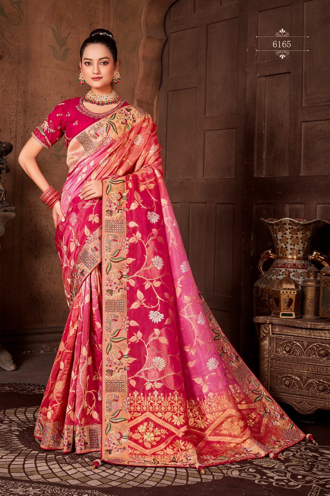 Pink4D Viscose Tissue Jacquard Saree