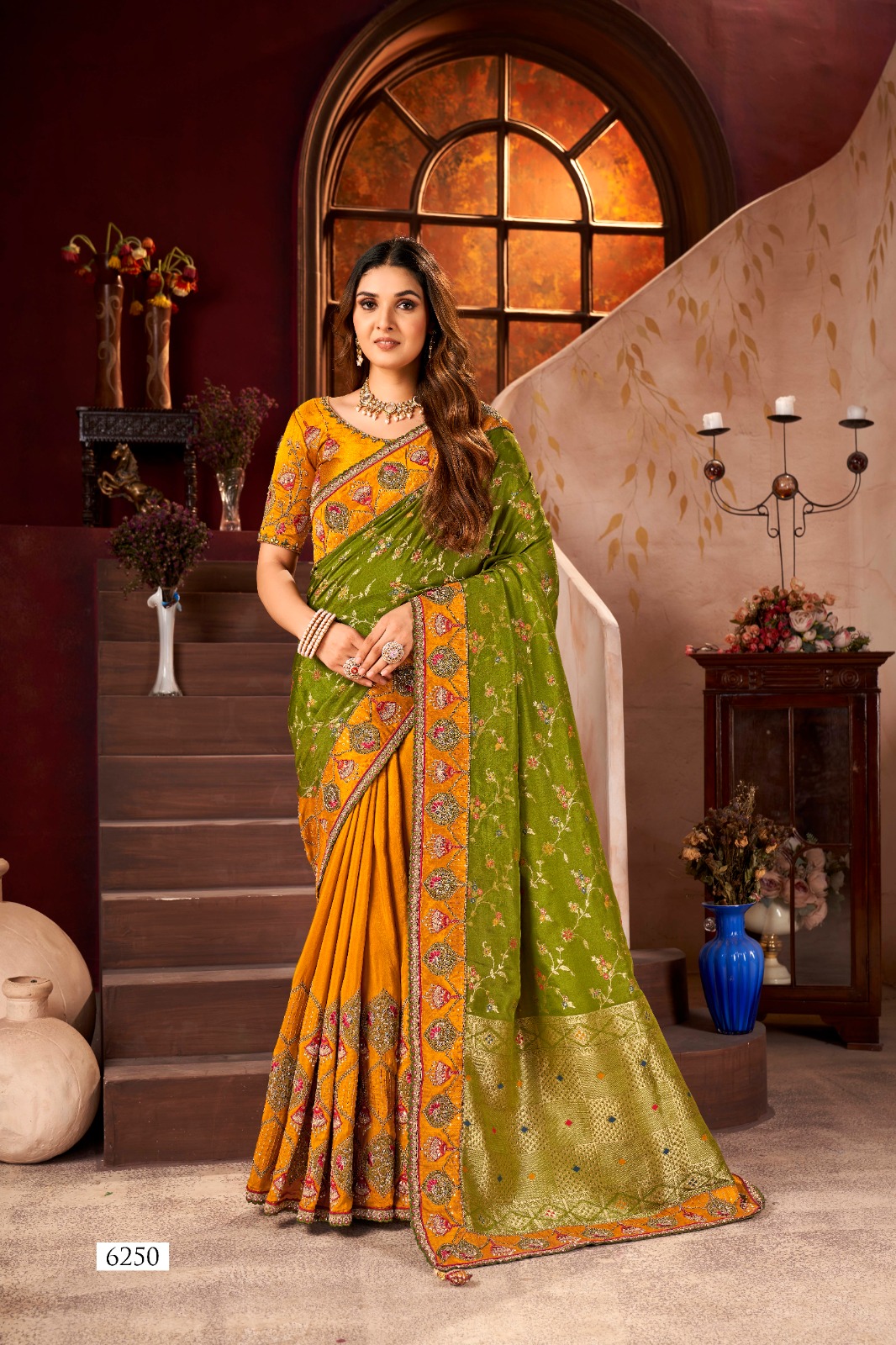 Mehndi Mustard Dola Jacquard Viscose Saree