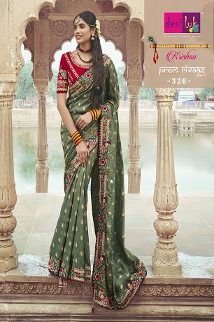 Green Viscose Tissue Jacquard Saree