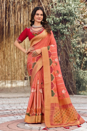 Sunset Orange Handwork Saree with readymade blouse