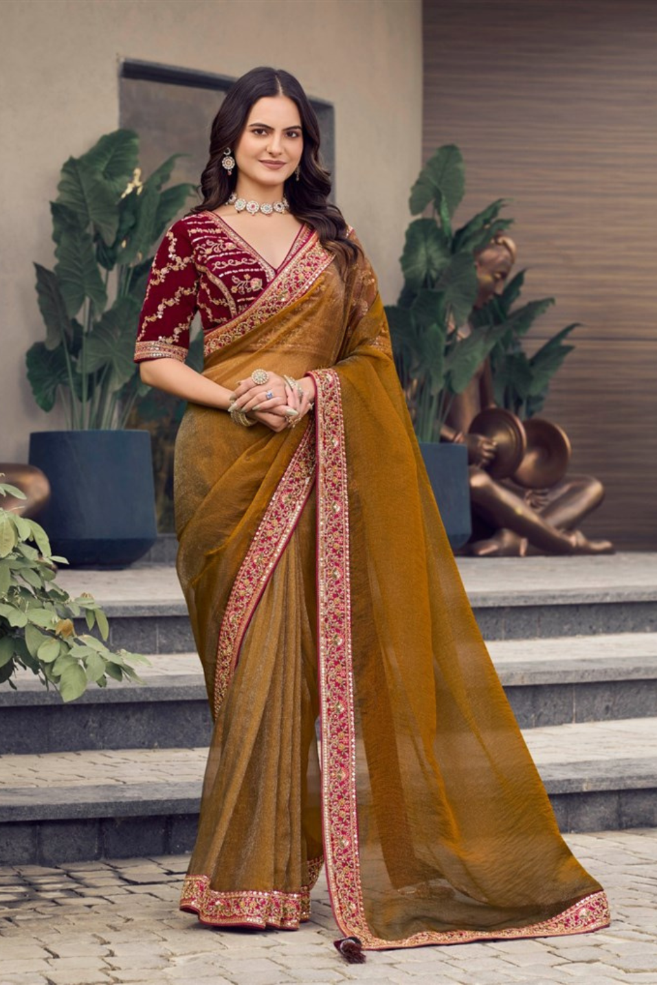 Royal Gold Embroidery Saree with readymade blouse