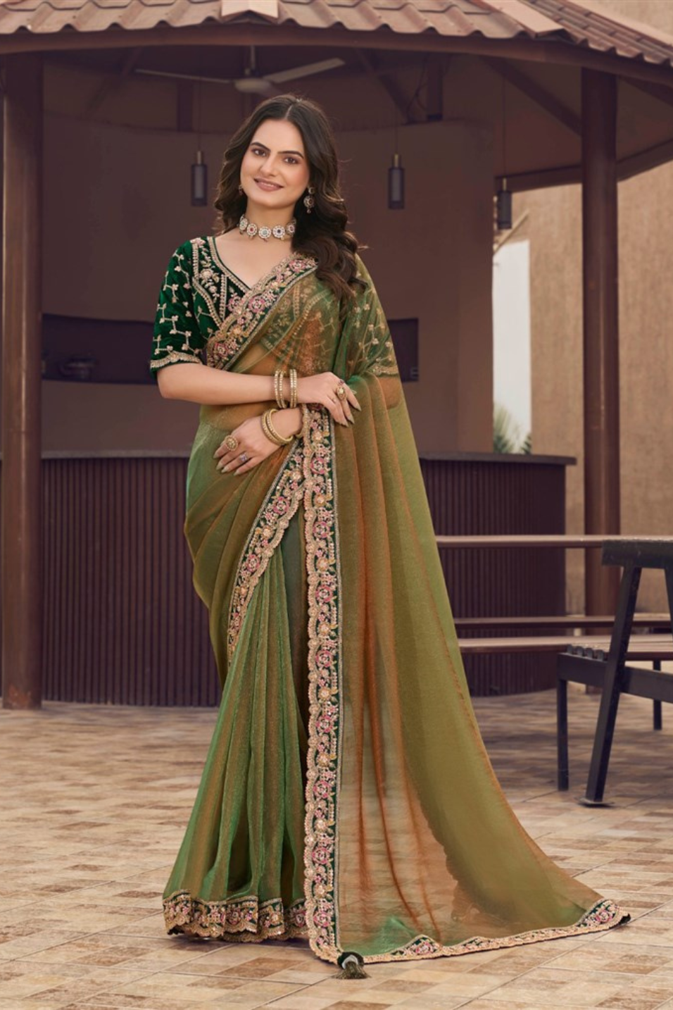 Emerald Handwork Saree with readymade blouse
