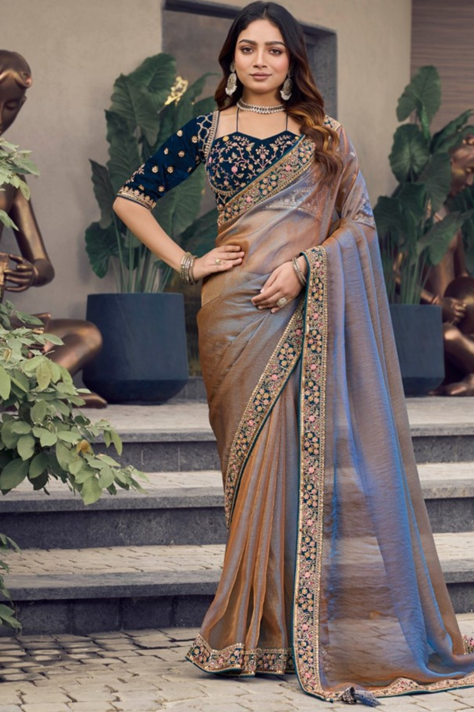 Mist Grey Embroidery Saree with readymade blouse