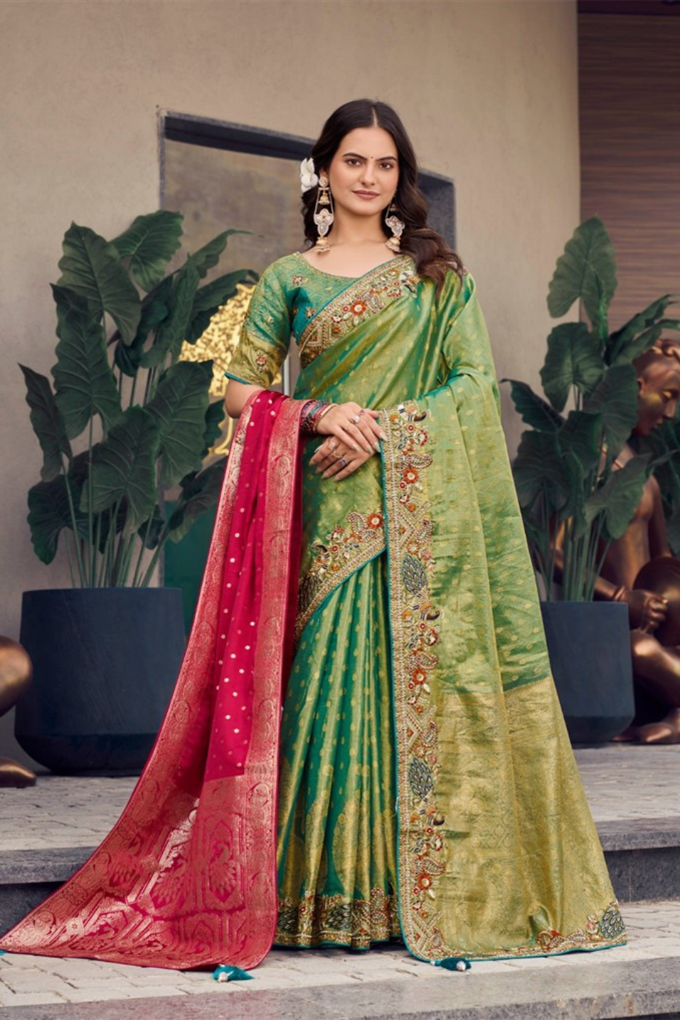 Deep Green Embroidery Saree with extra dupatta 
