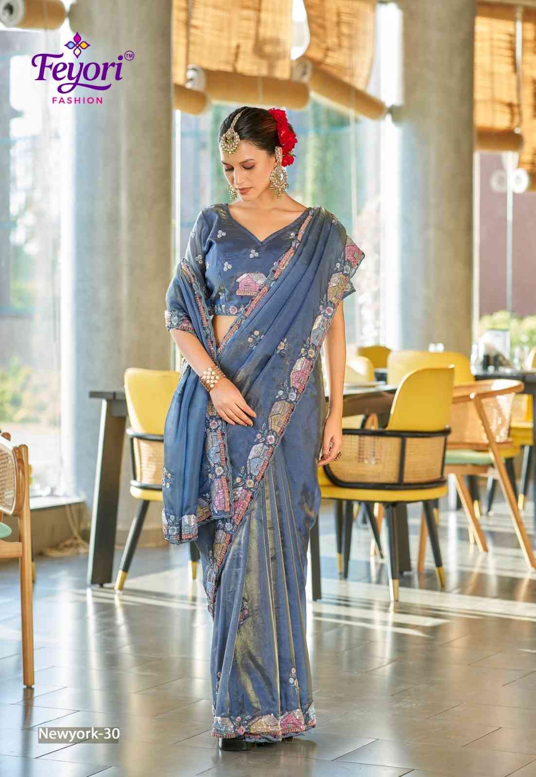 Ocean Blue Embroidery Saree