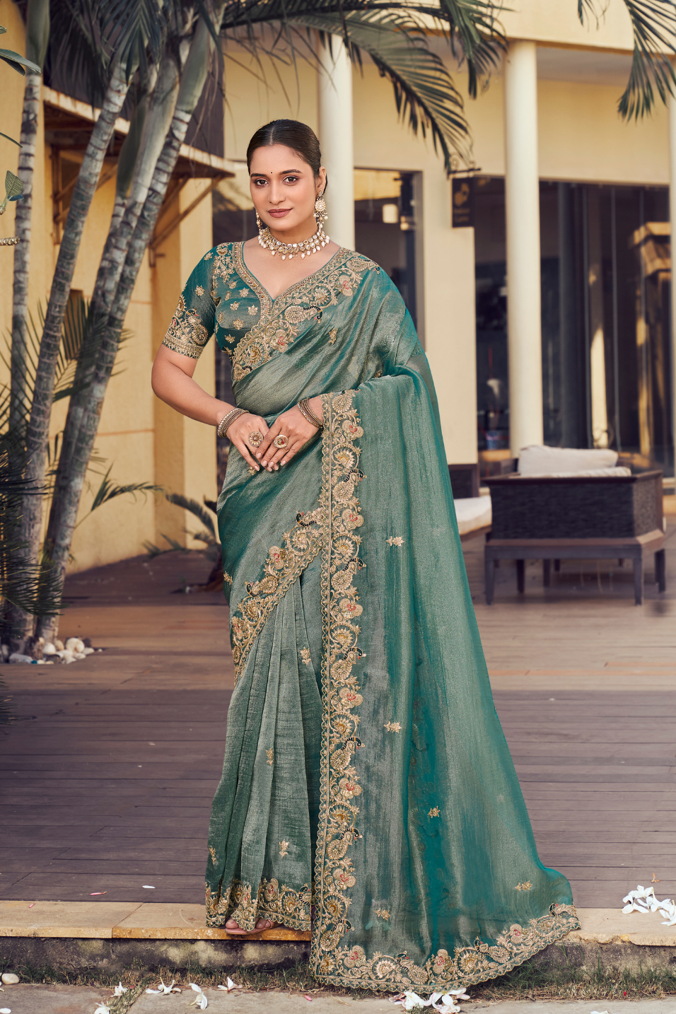 Emerald Embroidery Saree With readymade blouse