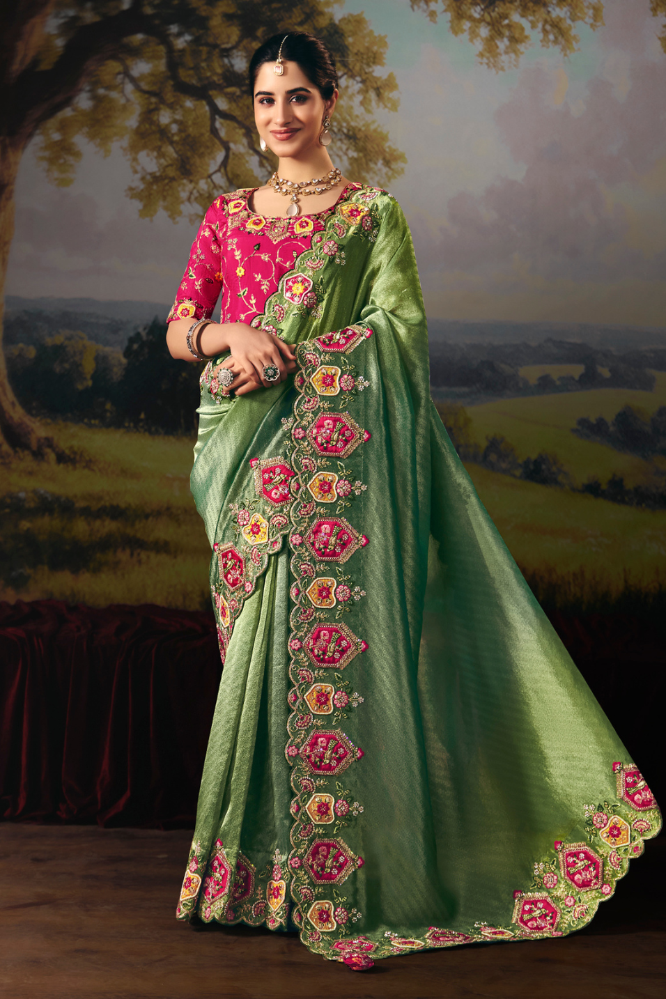 Emerald elegance embroidered saree