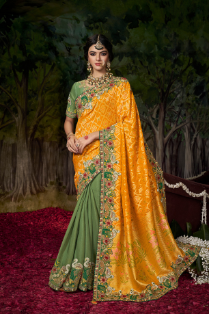 MUSTARD YELLOW AND MEHNDI GREEN EMBROIDERY HAND WORK SAREE