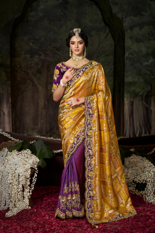 GOLDEN YELLOW / DEEP PURPIE EMBROIDERY  HAND WORK