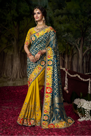 MORE PITCH AND MUSTARD EMBROIDERY HAND WORK SAREE