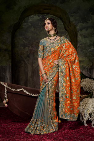 ORANGE AND LIGHT GRAY EMBROIDERY HAND WORK SAREE