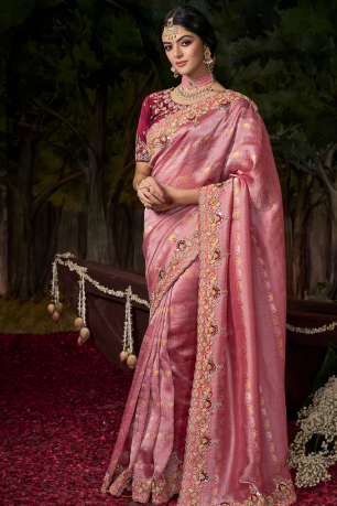 PINK EMBROIDERY HAND WORK SAREE