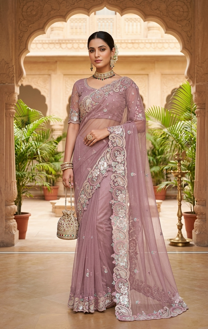 Dusty Rose Designer Embroidered Partywear Saree with Sequin & Floral Border