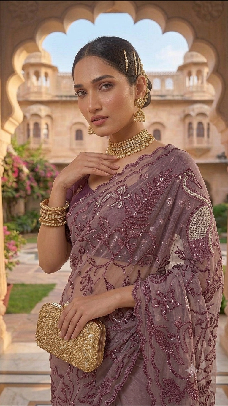 Women’s Mauve Embroidered Net Saree with Floral Sequin Work & Designer Border