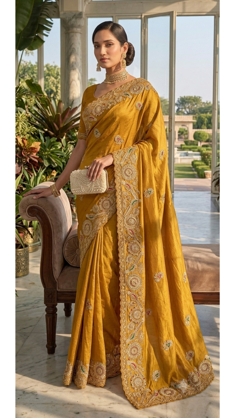 DESILUK Women’s Mustard Yellow Embroidered Silk Saree with Heavy Designer Border