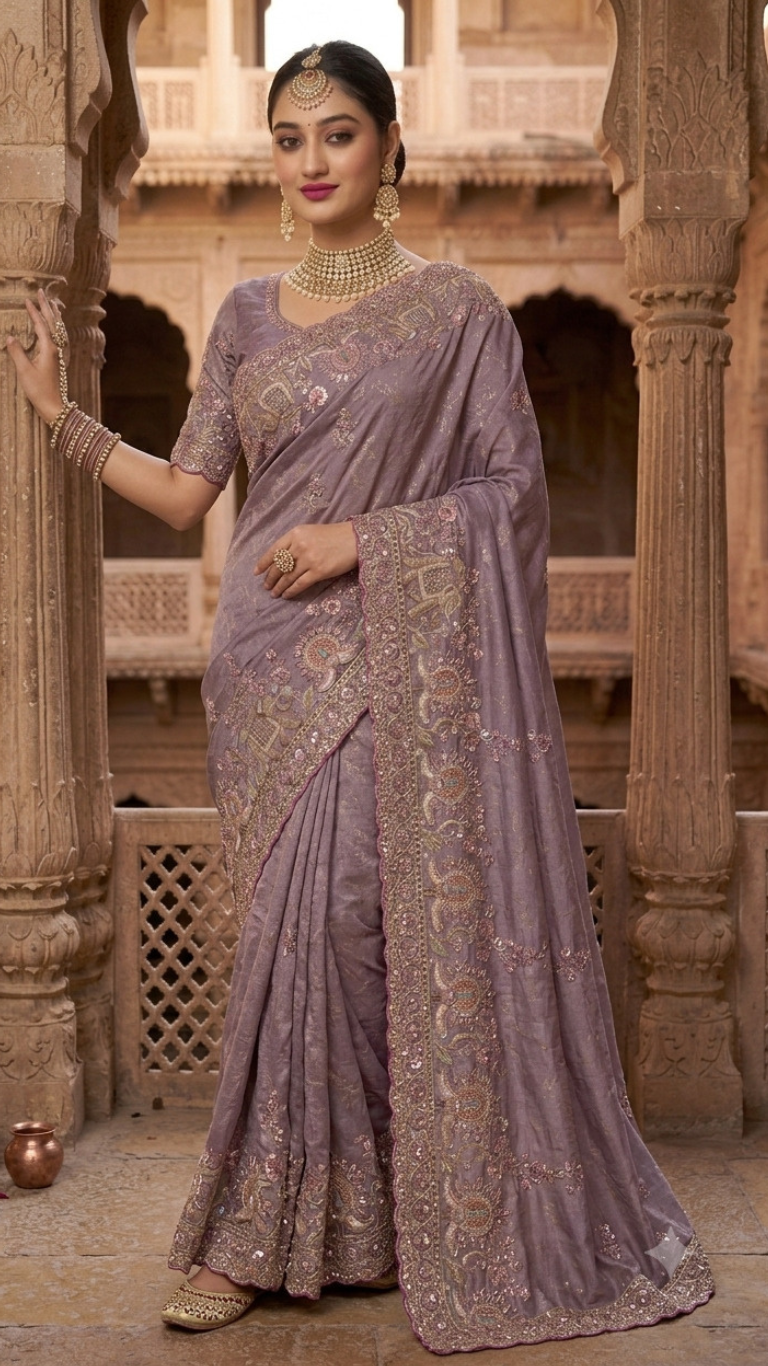 DESILUK Women’s Lavender Purple Embroidered Saree with Sequin Work & Designer Border