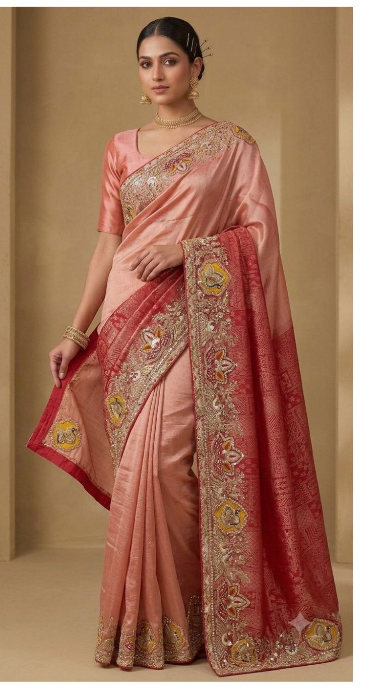 Peach Rose Silk Saree with Rich Maroon Zari & Floral Embroidery