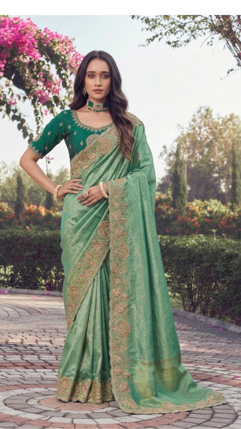 Luxury Sea Green Designer Saree with Intricate Floral Embroidery & Statement Border