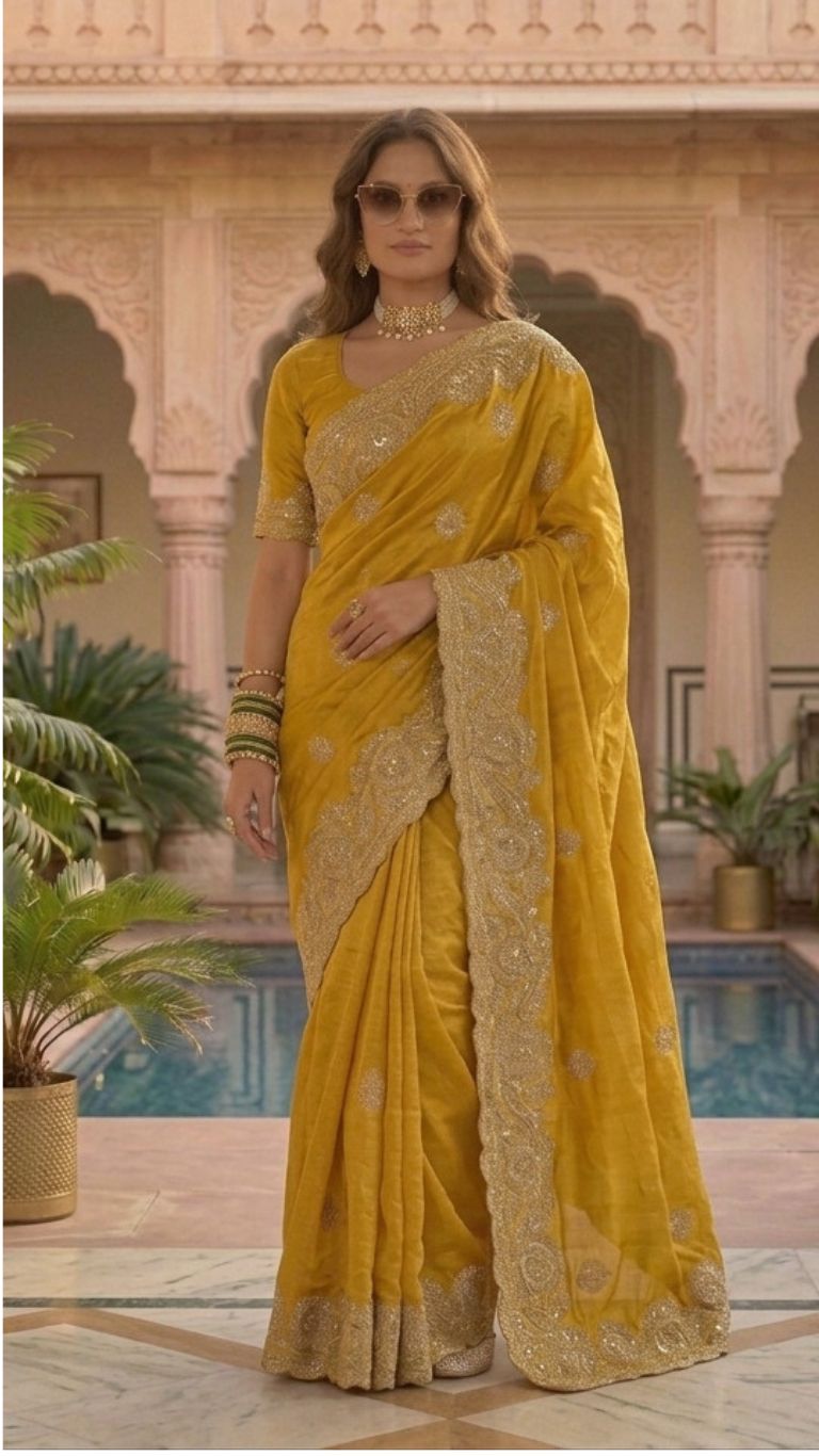 DESILUK Women’s Mustard Yellow Embroidered Saree with Sequin Work & Designer Border
