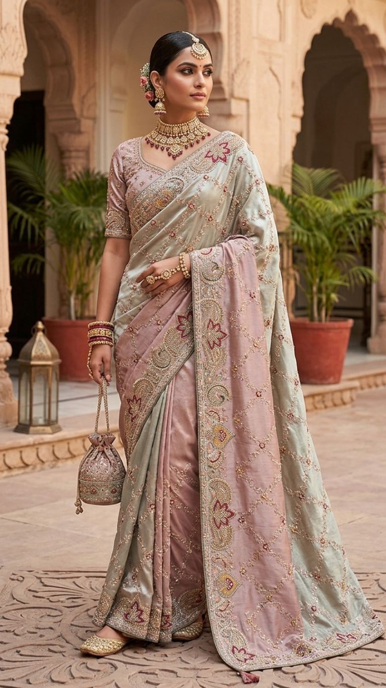 DESILUK Women’s Pastel Green & Blush Pink Embroidered Saree with Sequin Work & Designer Border